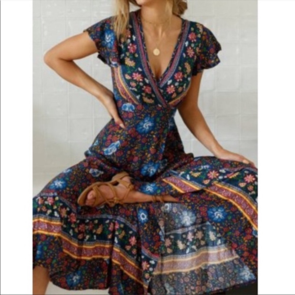 Boho Navy Blue Gypsy Floral Print Wrap dress Cottagecore - Picture 7 of 8